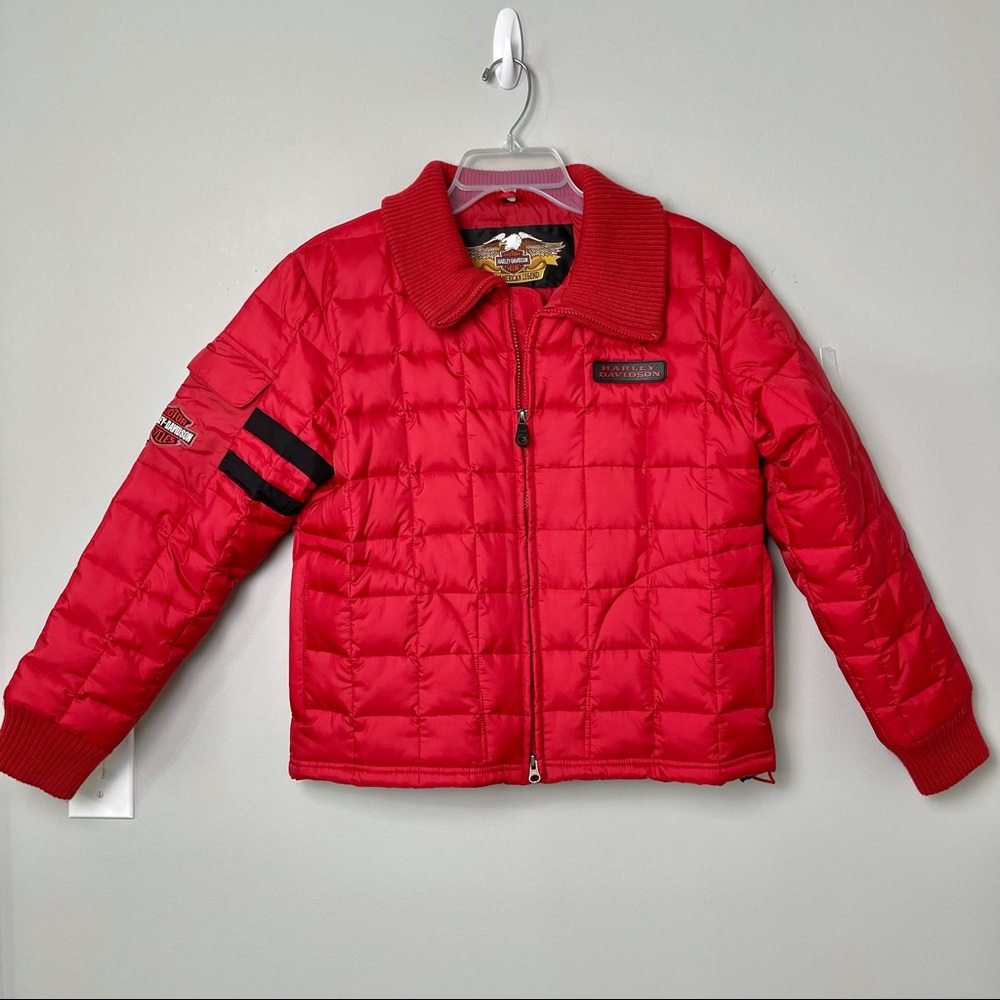 Harley Davidson Red Puffer Jacket  Coat With Embroidered Logos